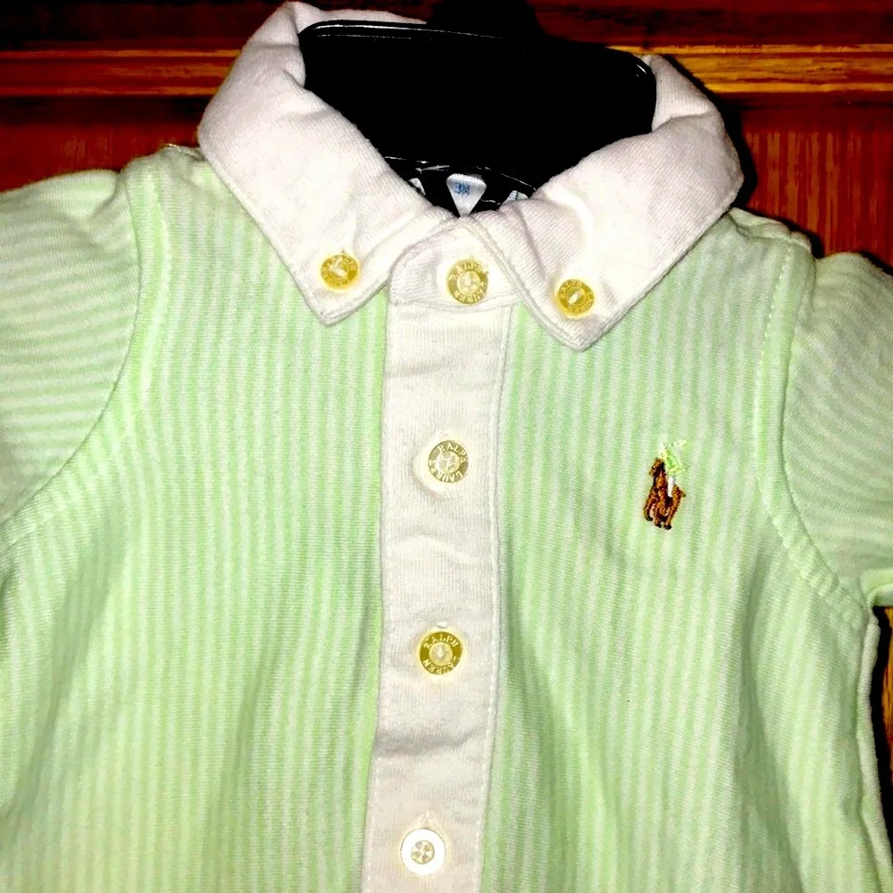 Ralph Lauren vintage 3 mos infant pinstriped button romper green white logo